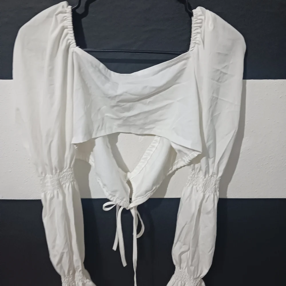 Women sexy white tie puffer elastic long sleeve top - Picture 10 of 16